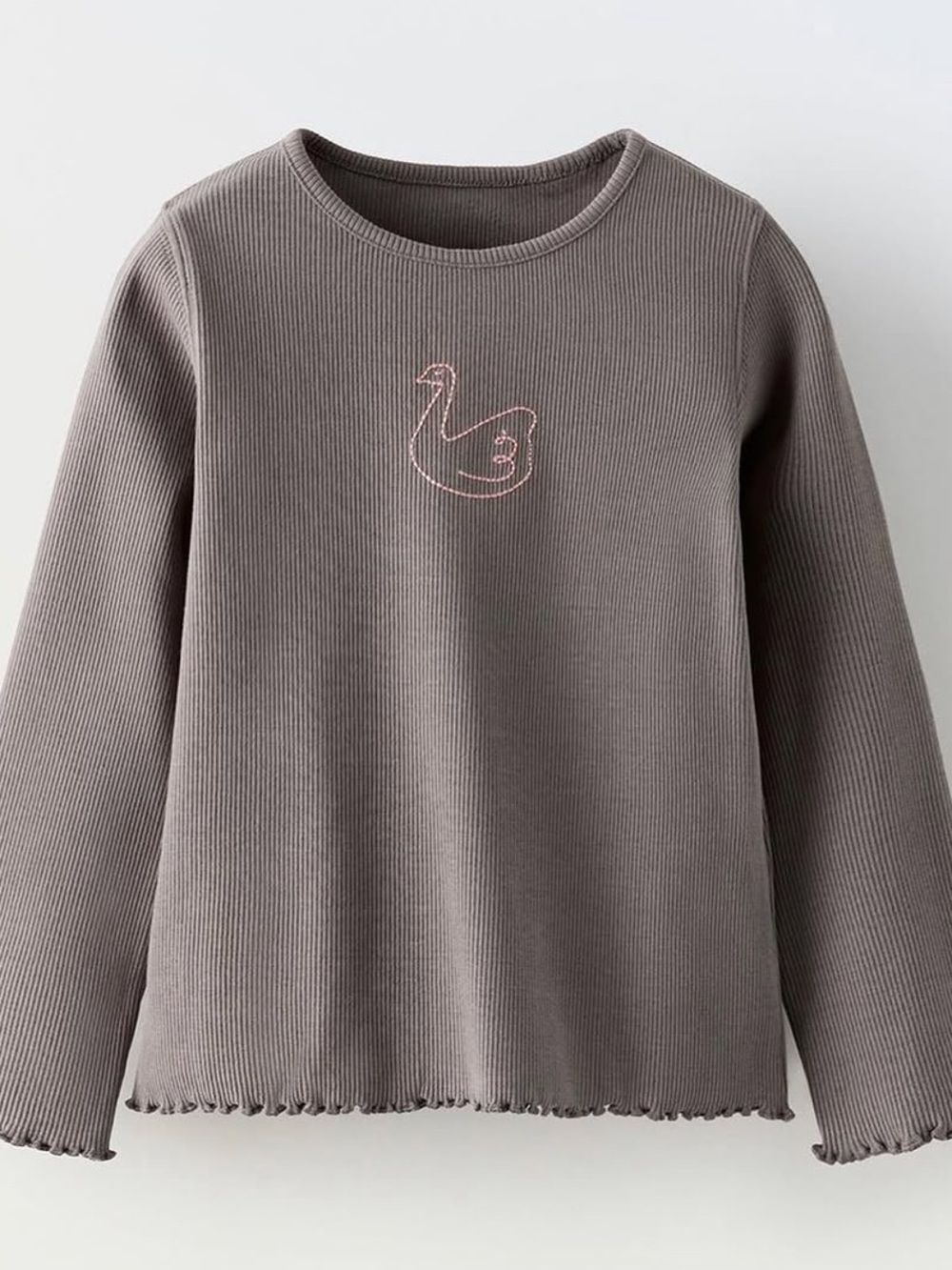 Zara Gray Ribbed Long-Sleeve Top with Swan Embroidery